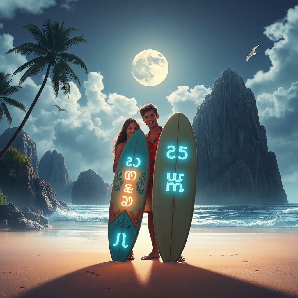 Dreamy Beach Scene with Surfboards and Magical Runes in Vibr...