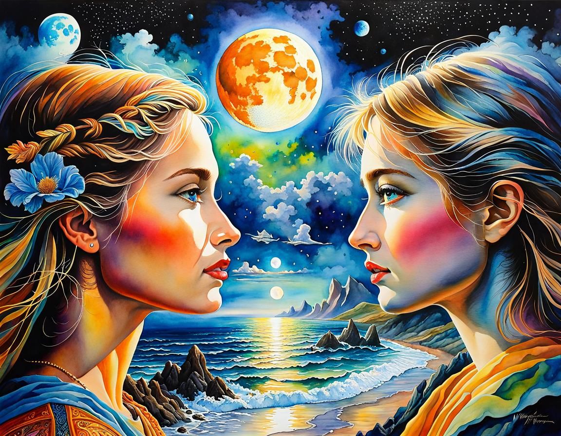 Two Moon Faces in Watercolor Moonscape