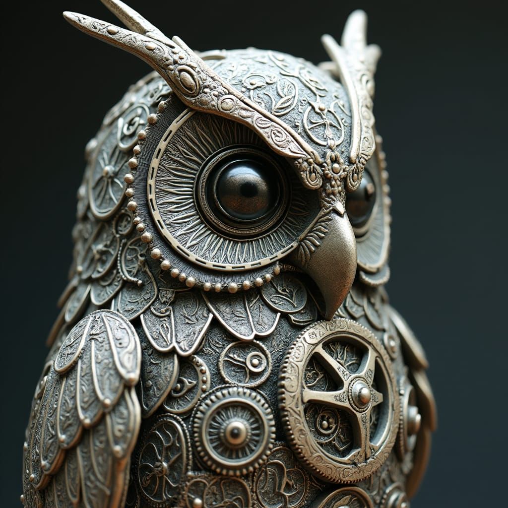 Steampunk Owl Sculpture with Clockwork and Silver