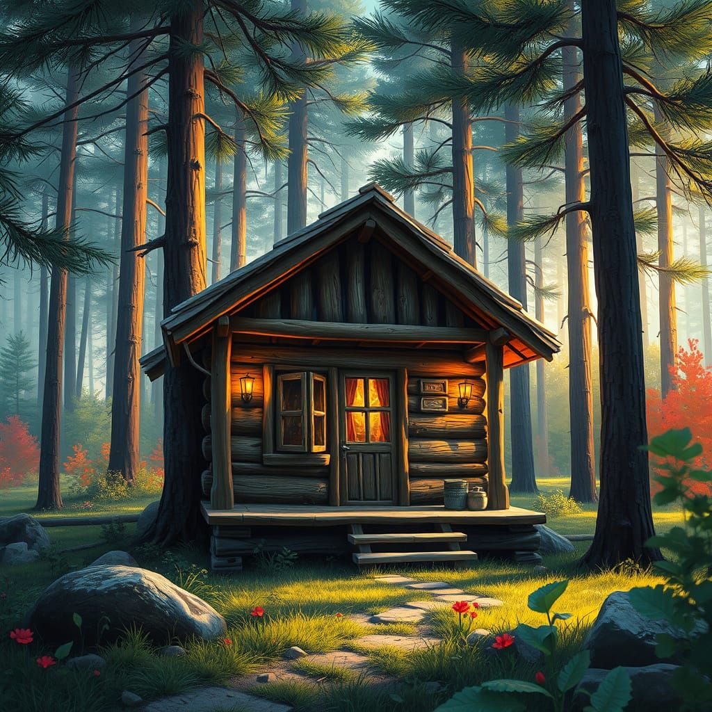 Cabin in Pine Forest at Sunrise: Hyperrealistic Splash Art