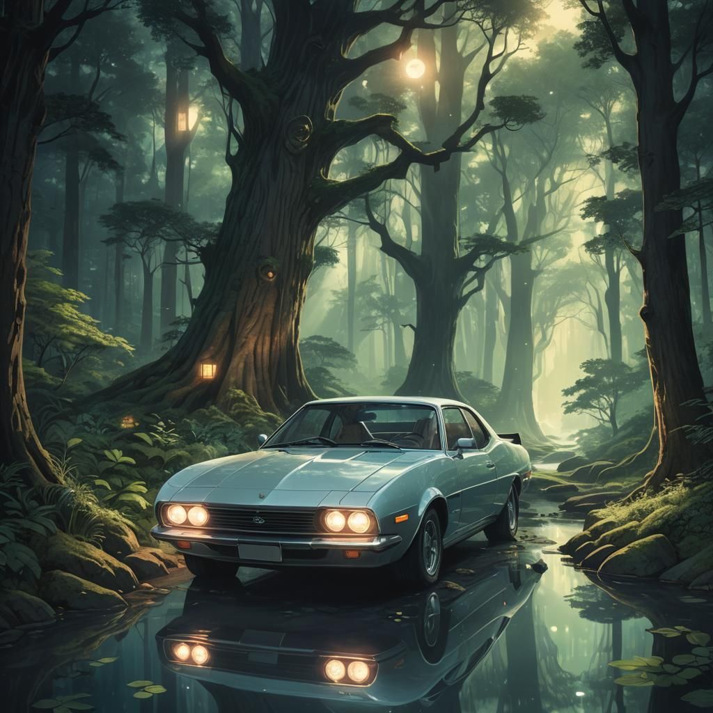 Anime Car in Forest, Digital Illustration Style