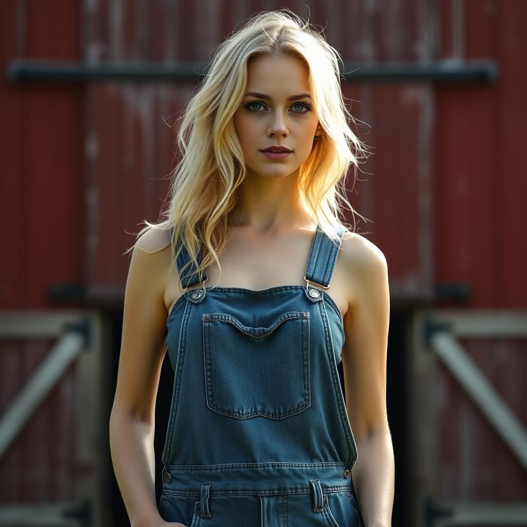 Woman in Overalls by Barn: Natural Light Photography