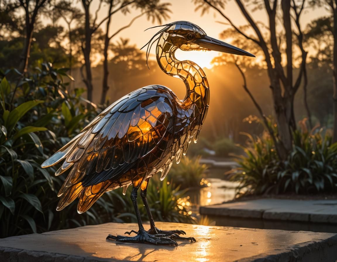 Glass Heron Statue Bathed in Sunset Light