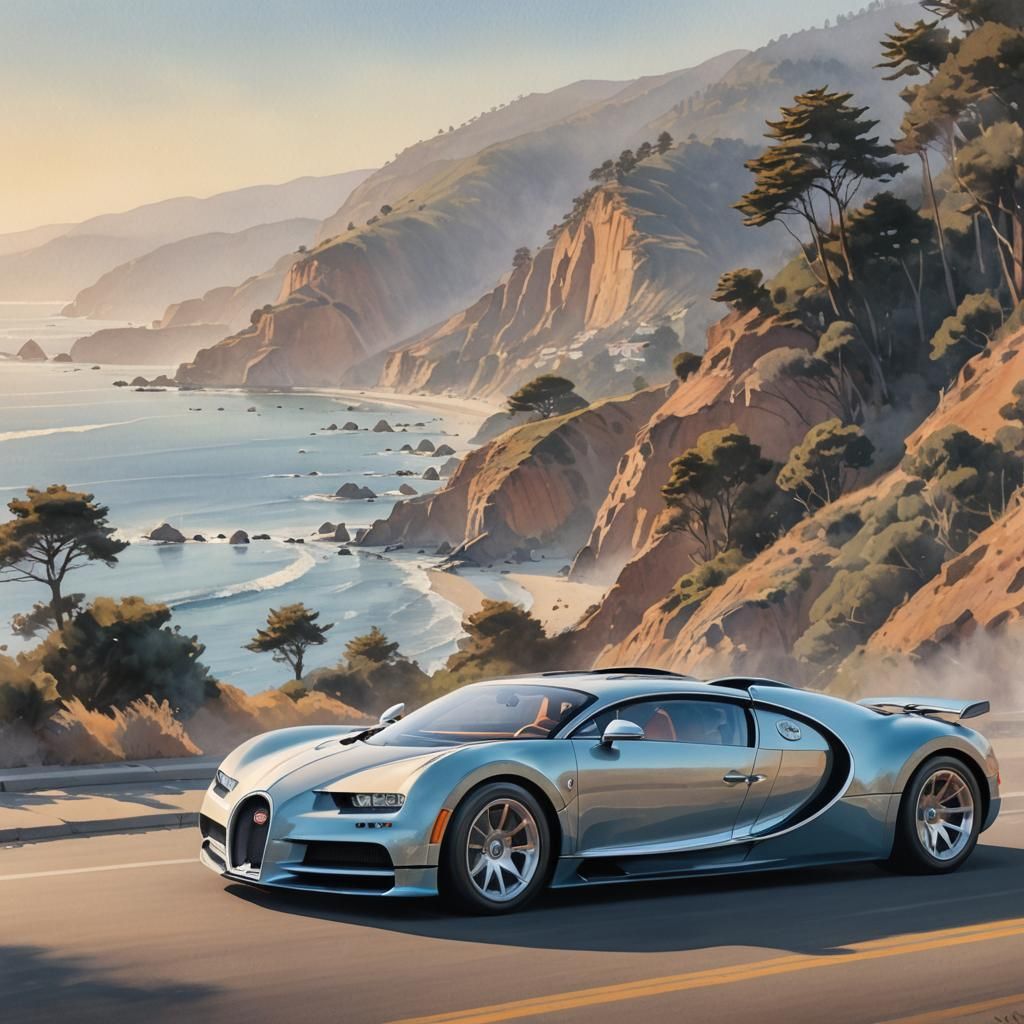 Bugatti Centurion on Pacific Coast Highway in Watercolor Sty...