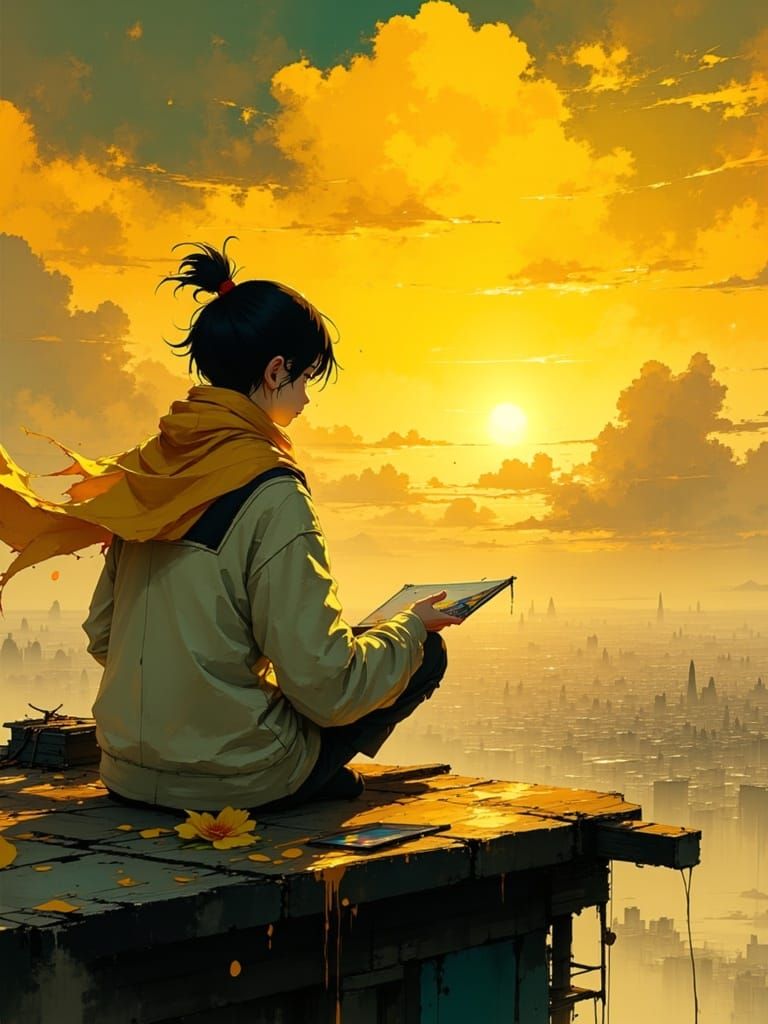Anime Artist Paints Golden Sunset Clouds Over City Rooftop