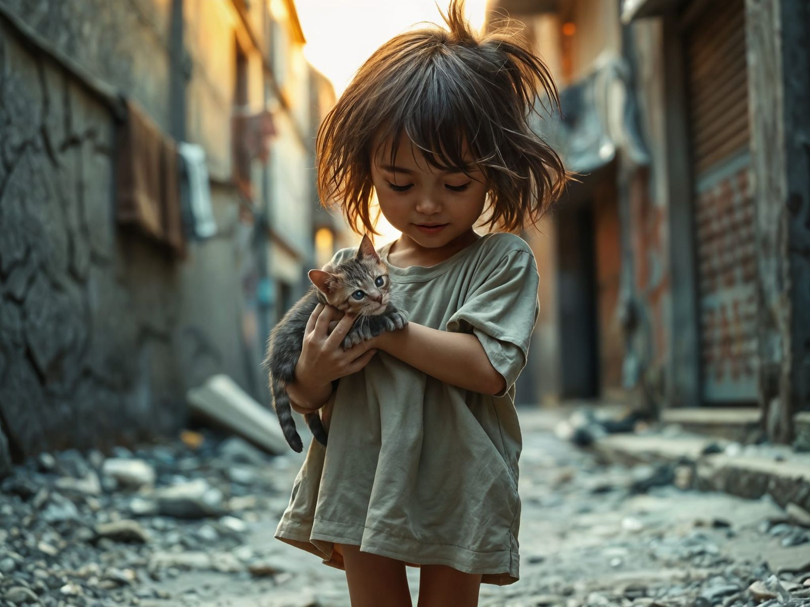 Girl and Kitten: A Moment of Hope in Poverty
