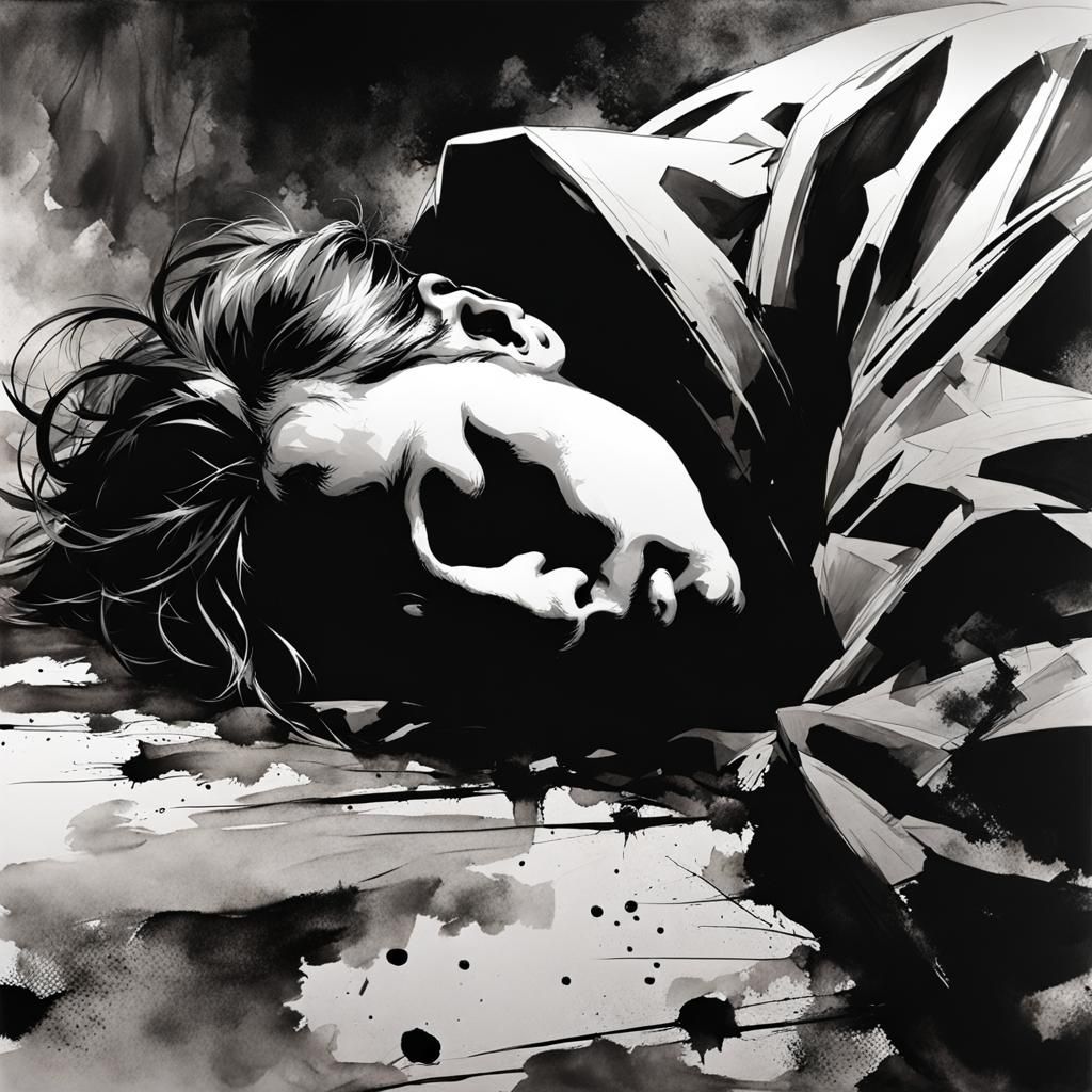 Monochrome Ink Painting of Overworked Person Sleeping