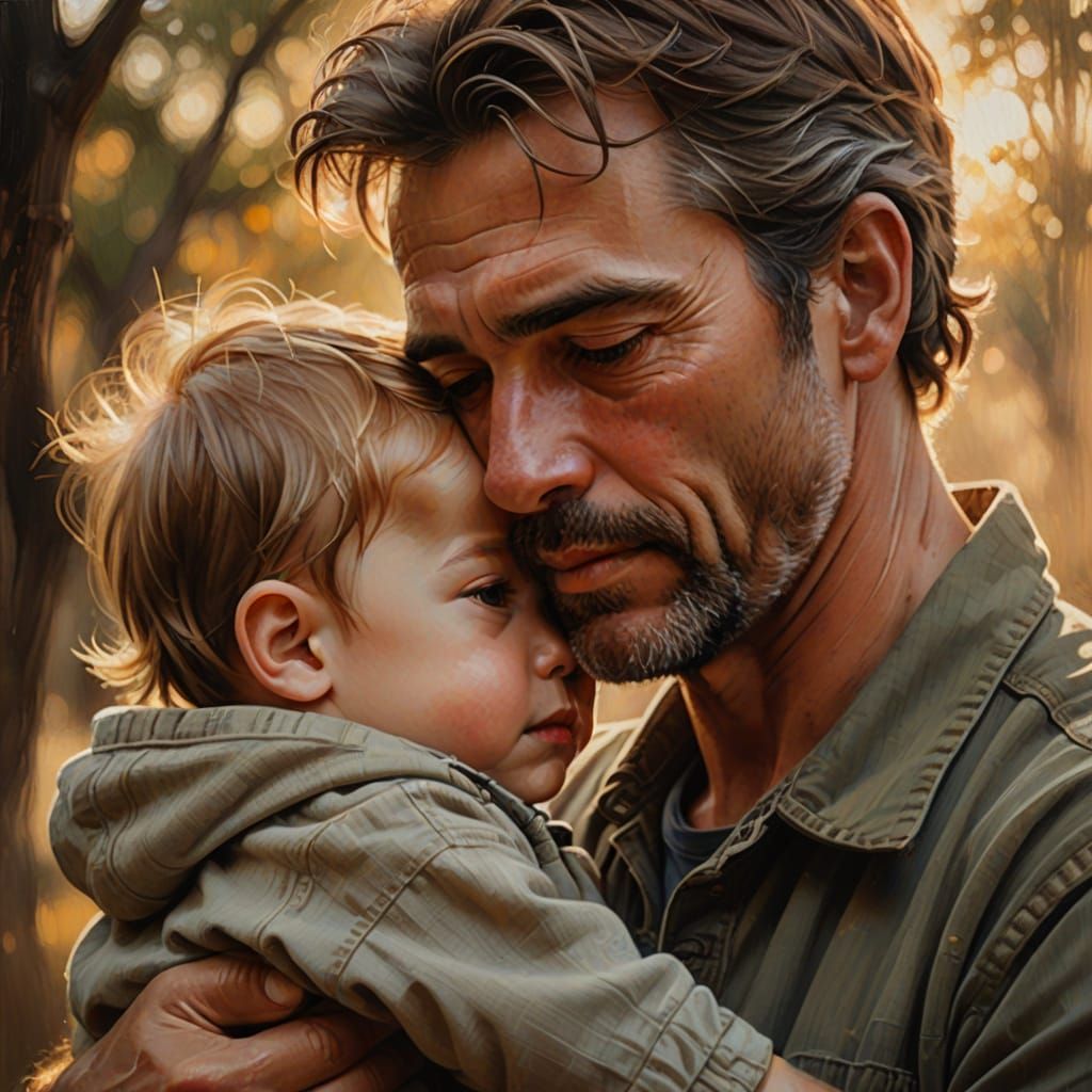 Touching Father-Child Portrait in Warm Oil Painting Style