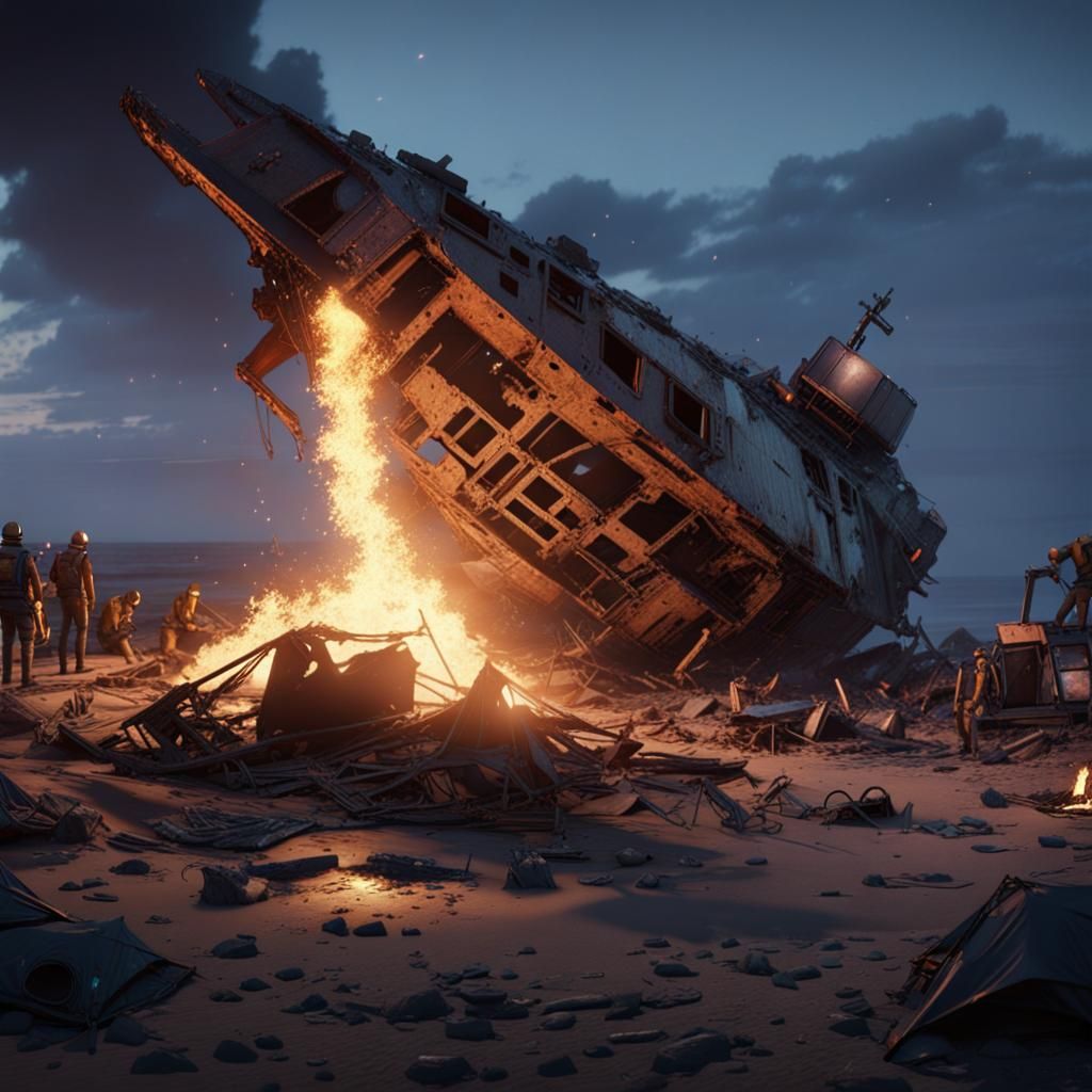 Starship wreck, flaming, half buried, scattered debris, high...