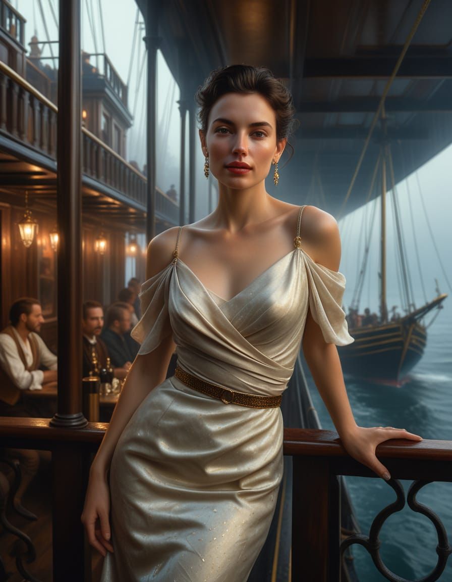 Woman at Cafe Overlooking Sea in Baroque Style