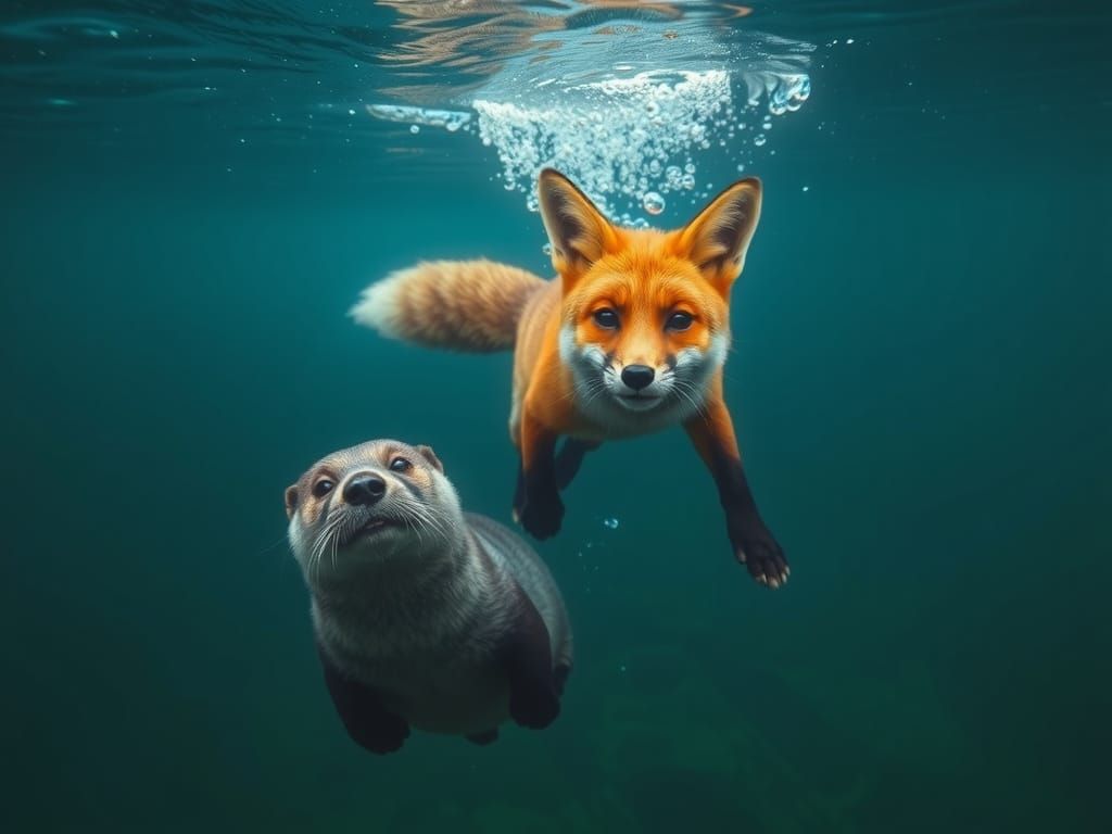 Fox and Sea Otter Swimming Together Underwater