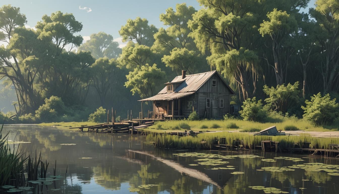 Surreal Fishing Village Emerges from Bayou Fog in Impression...