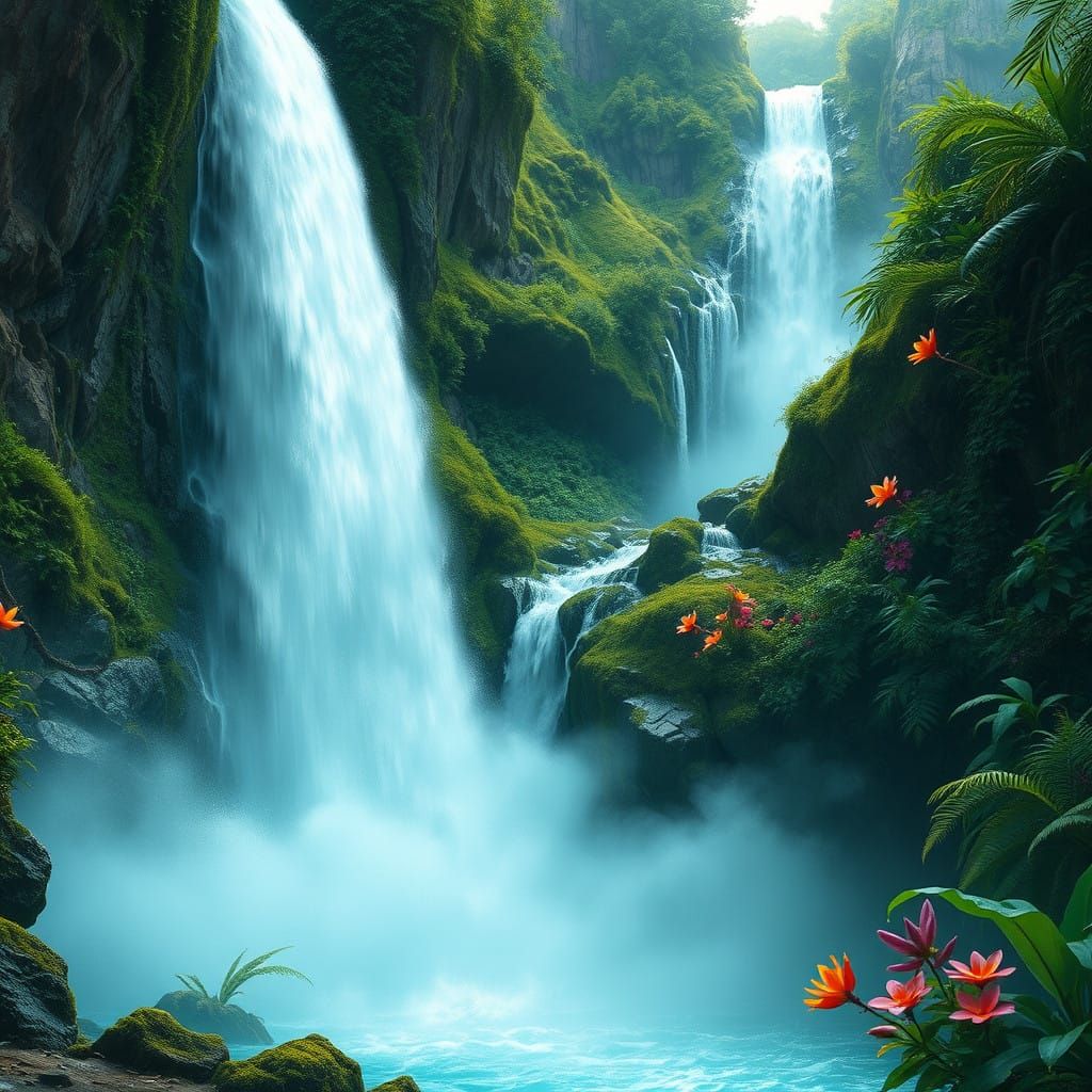 Dreamy Tropical Waterfall in a Vibrant, Ethereal Style