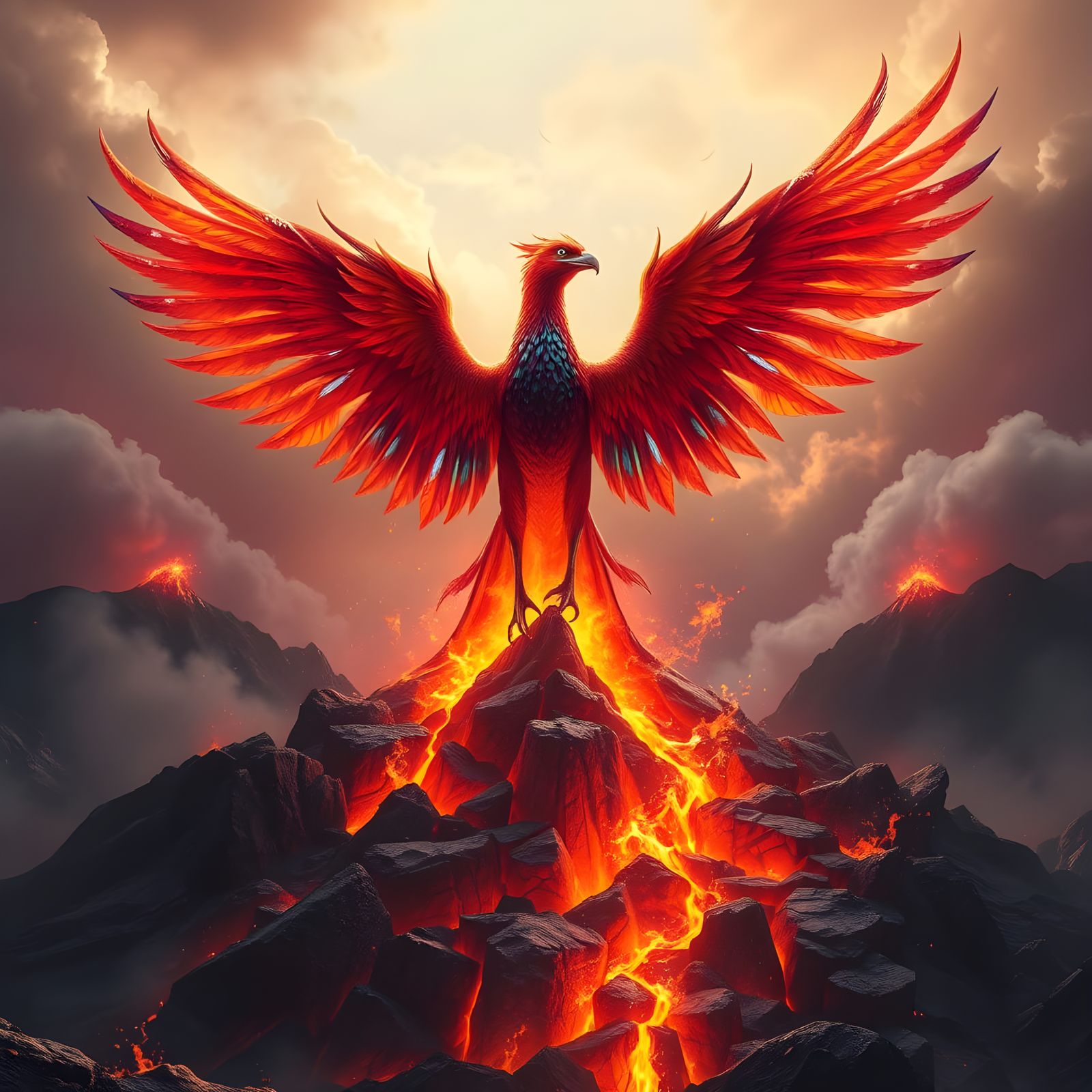 Majestic Phoenix Rises from Turbulent Volcano in Cyberpunk S...