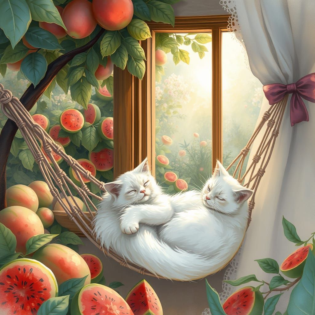 Fluffy Cat in Hammock with Watermelons, Watercolor Style