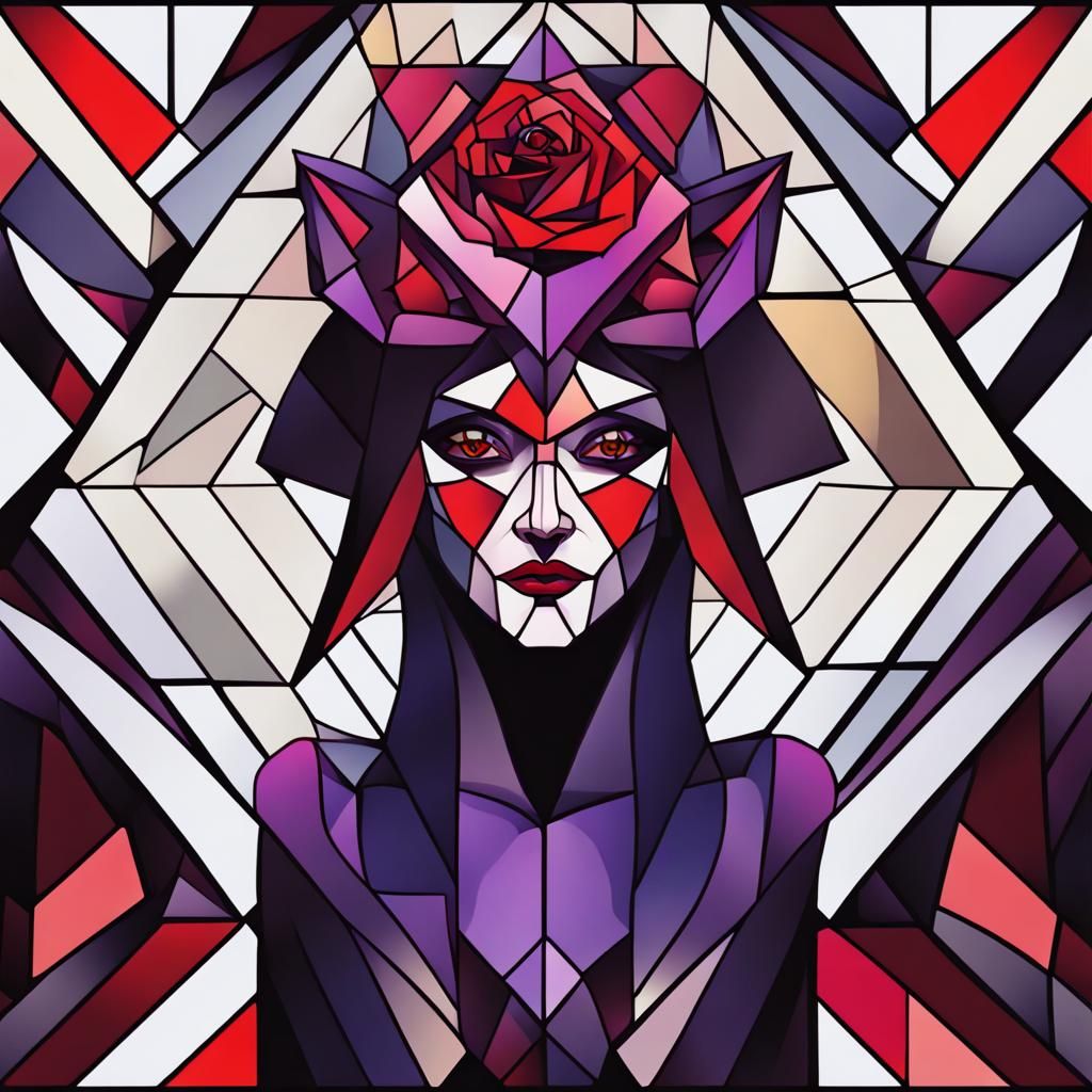 Stained Glass Evil Witch with Rose Crown in Cubist Style