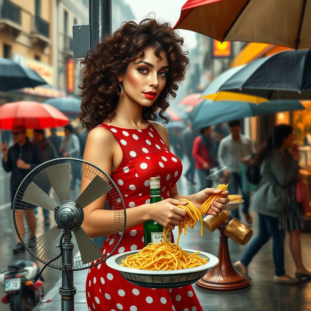 Woman Makes Pasta in Rainy Street Scene