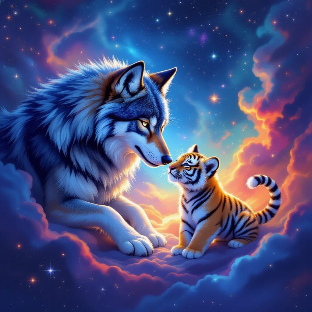 Cosmic Wolf and Tiger Cub in Nebula Digital Painting