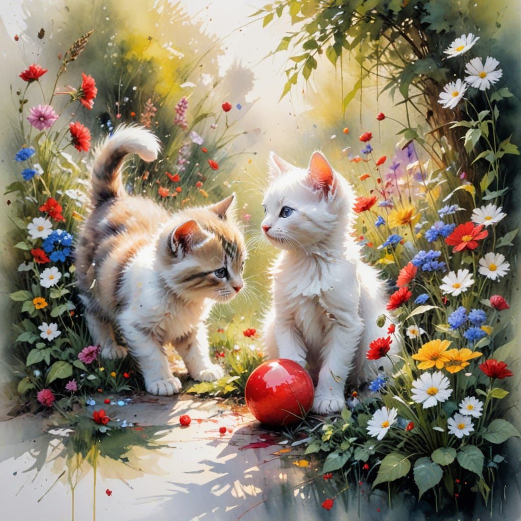 Vibrant Garden Kittens in Whimsical Watercolour Style