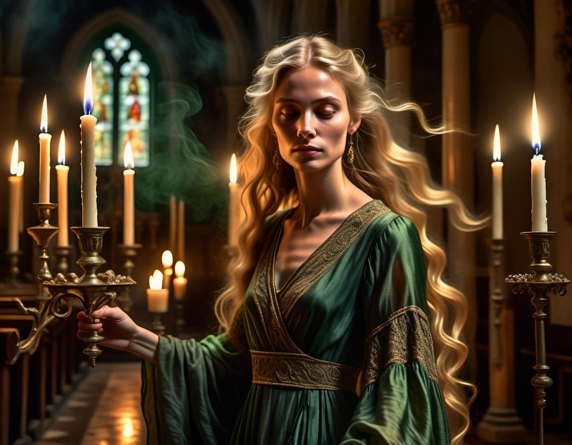 Ethereal Blonde in Smoky Chapel: Renaissance Masterpiece