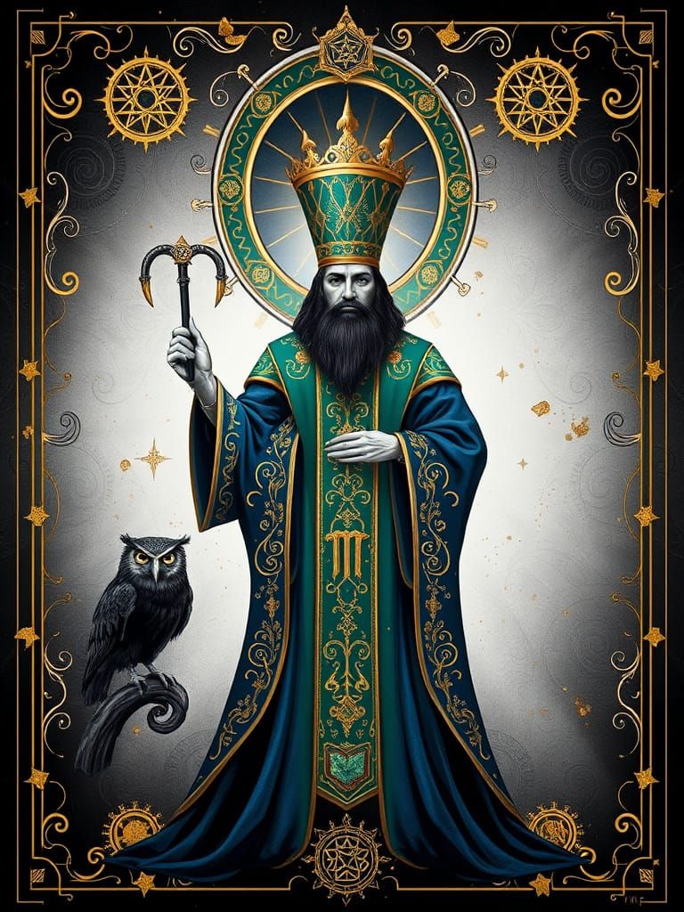 The Hierophant in Opulent Robes, Surrounded by Mystical Symb...