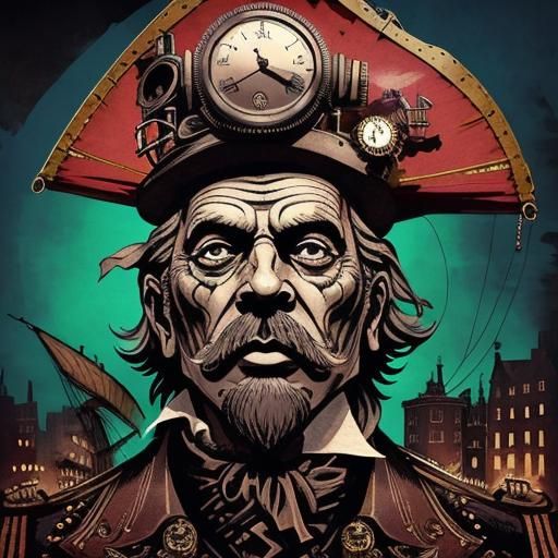 Steampunk Boat on Thames River in Ink Painting Style