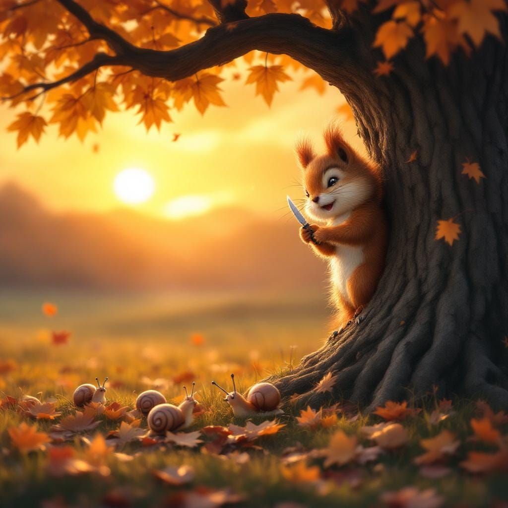Cute Squirrel Throwing Knives in Autumn Landscape