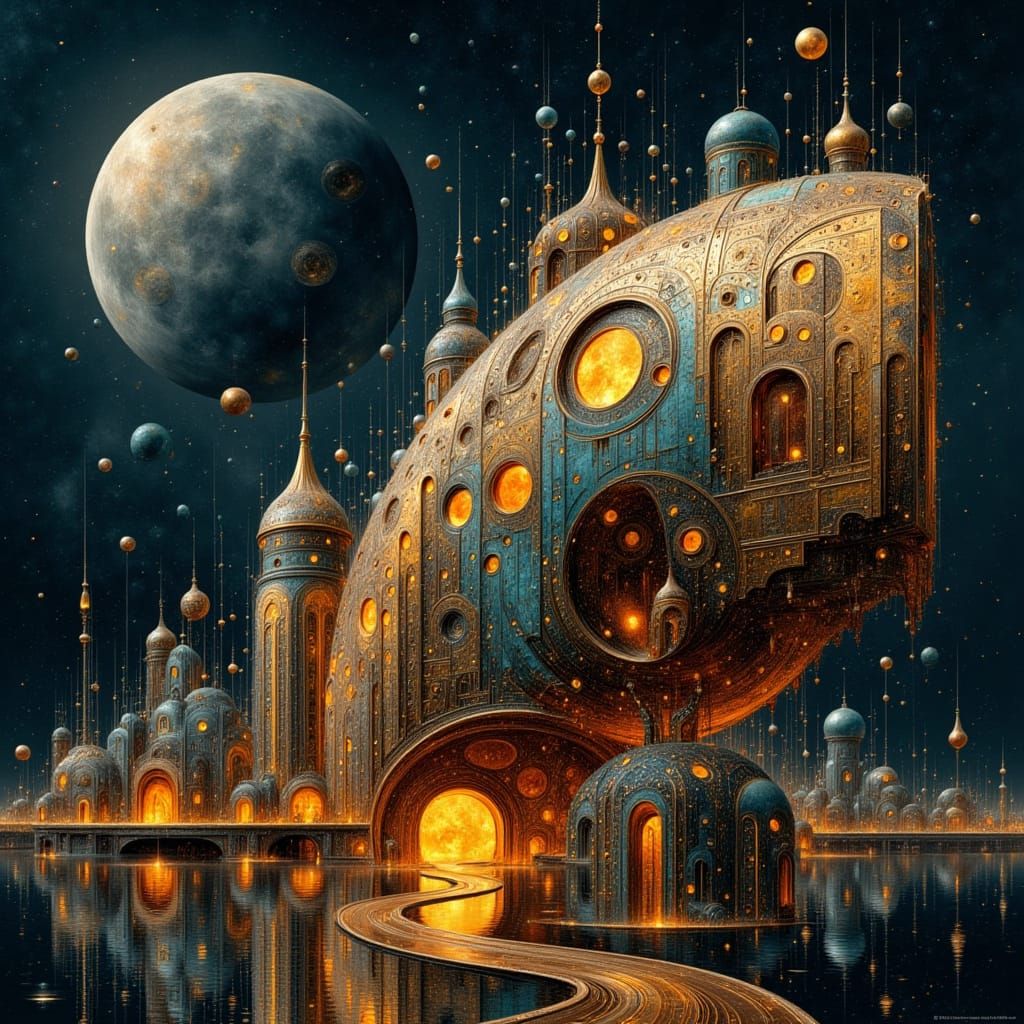 Surreal Steampunk Moon with Rusty Rocket Ship