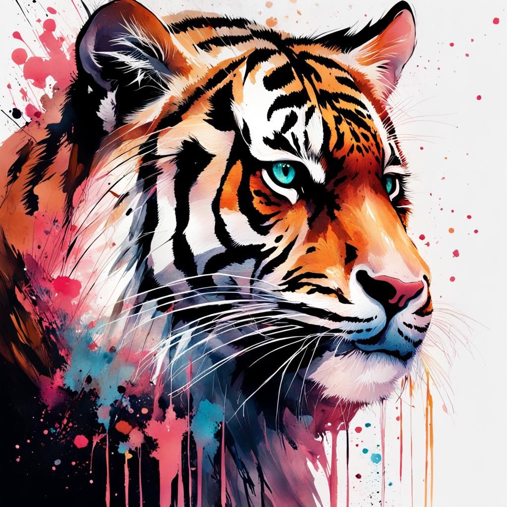Winged Tiger in Watercolor Splash Art