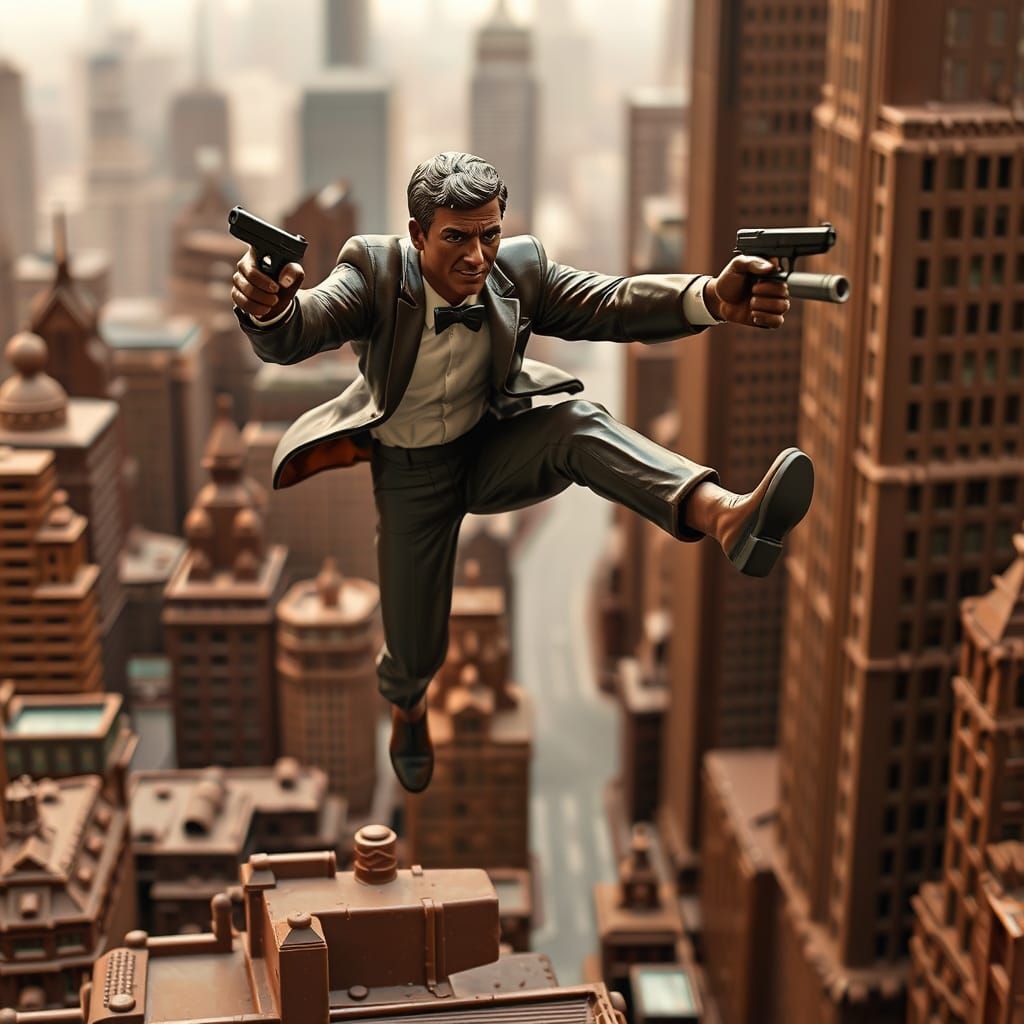 : A chocolate sculpture of  James Bond in   action, leaping ...