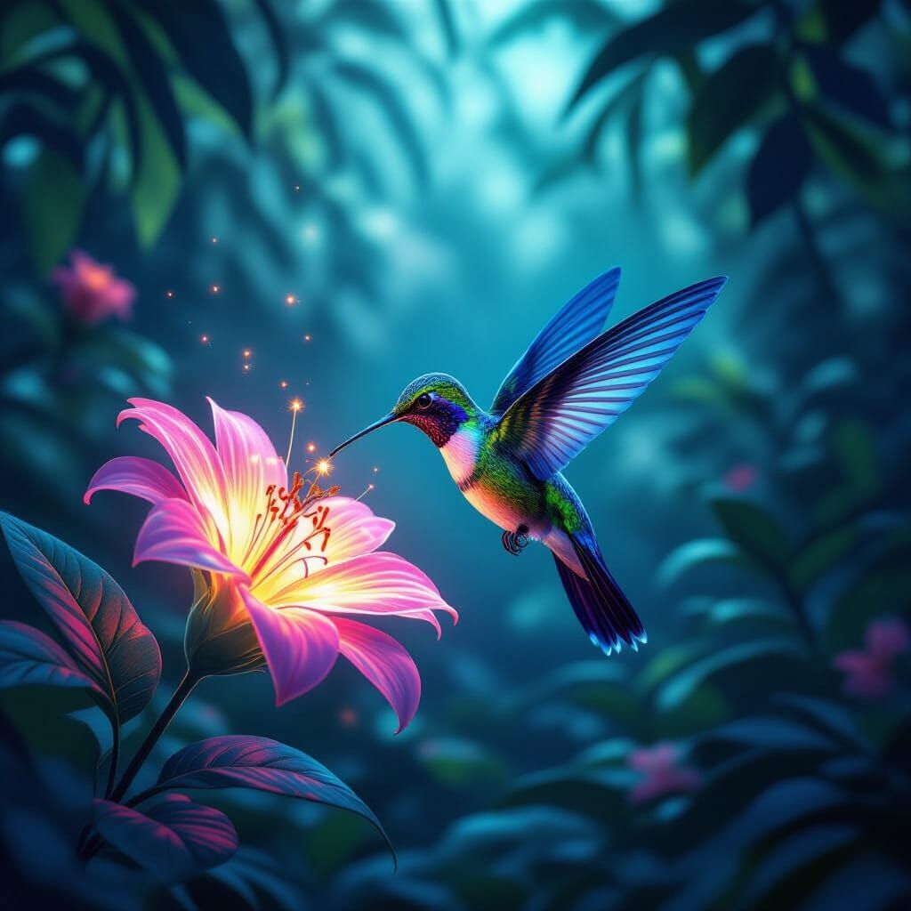 Bioluminescent Hummingbird in Mystical Jungle Glade