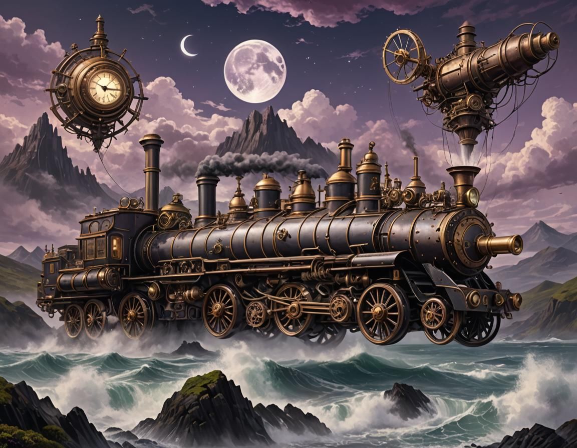 Steampunk Seascape with Moonlit Seaweed and Peaks