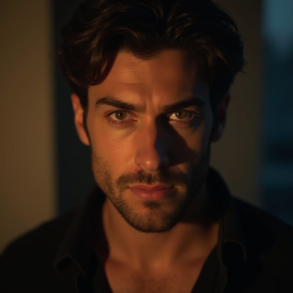 Hazel-Eyed Man with Intense Gaze in Cinematic Realism