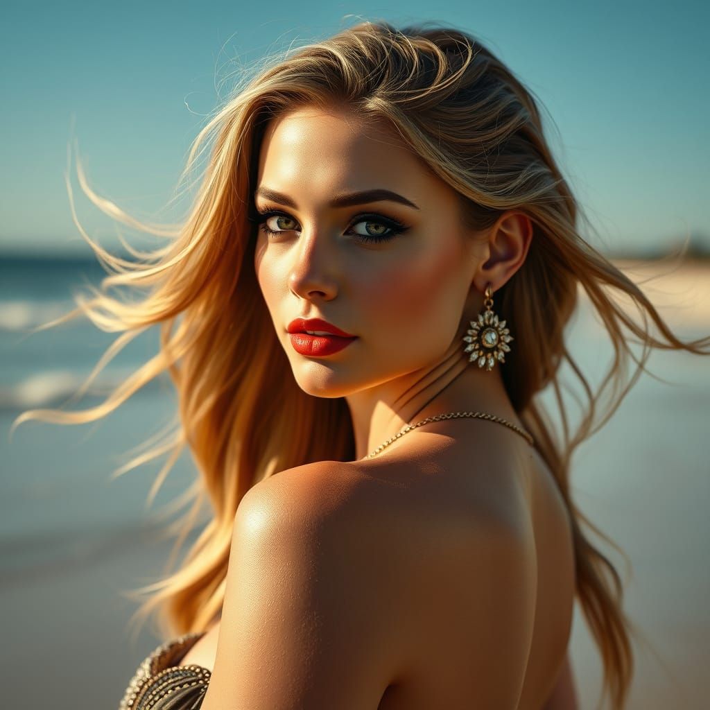 Hyperrealistic Portrait of Actress on Beach in Digital Art