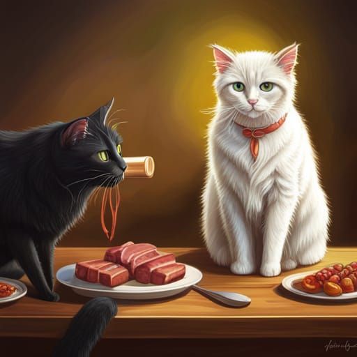 Hyperrealistic Cats Share a Meal Together