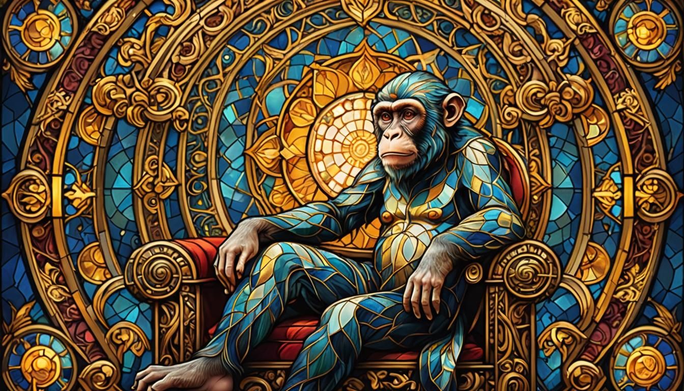Drunk Monkey on Throne in Stained Glass Art