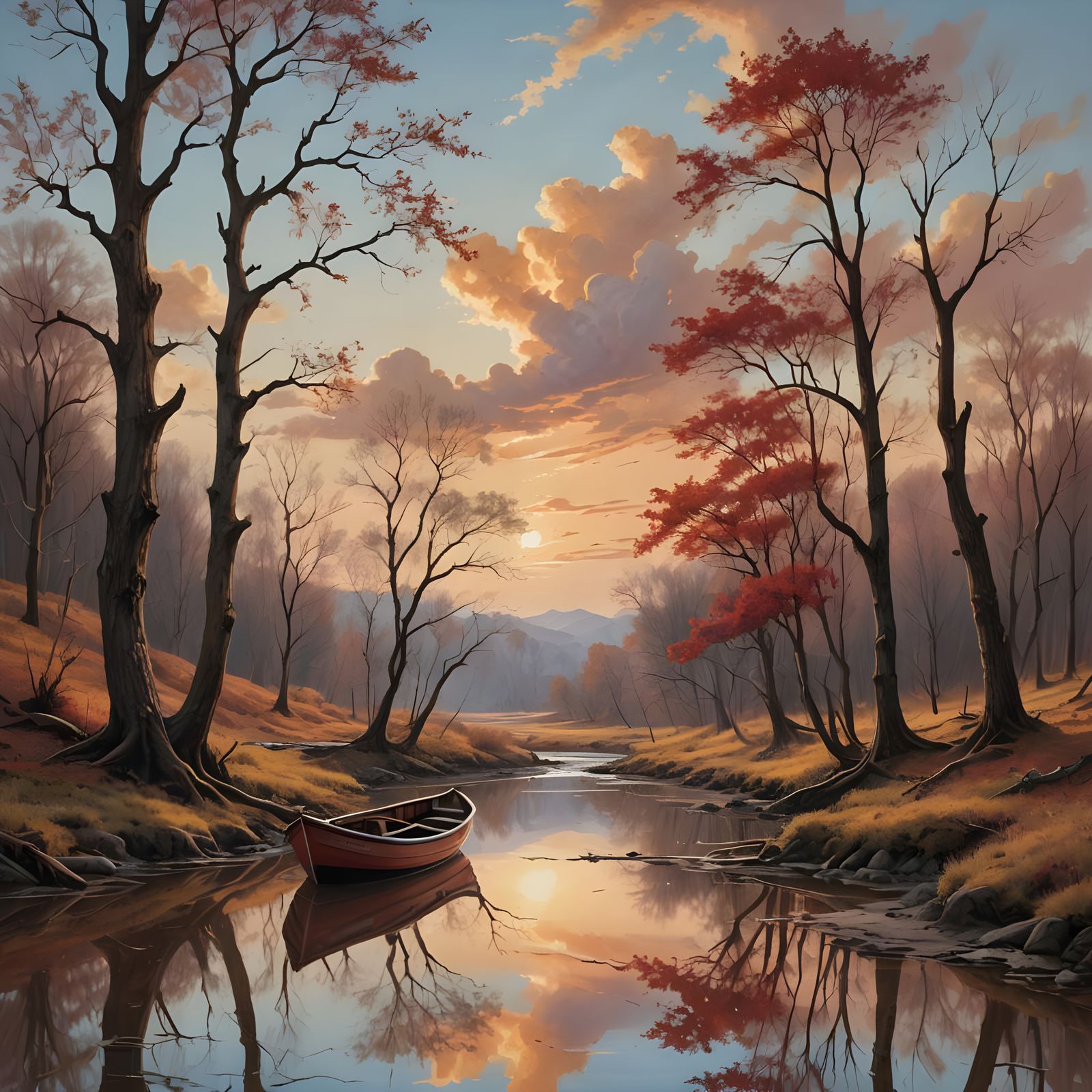 Crimson Sunset Stream with Lonely Boat