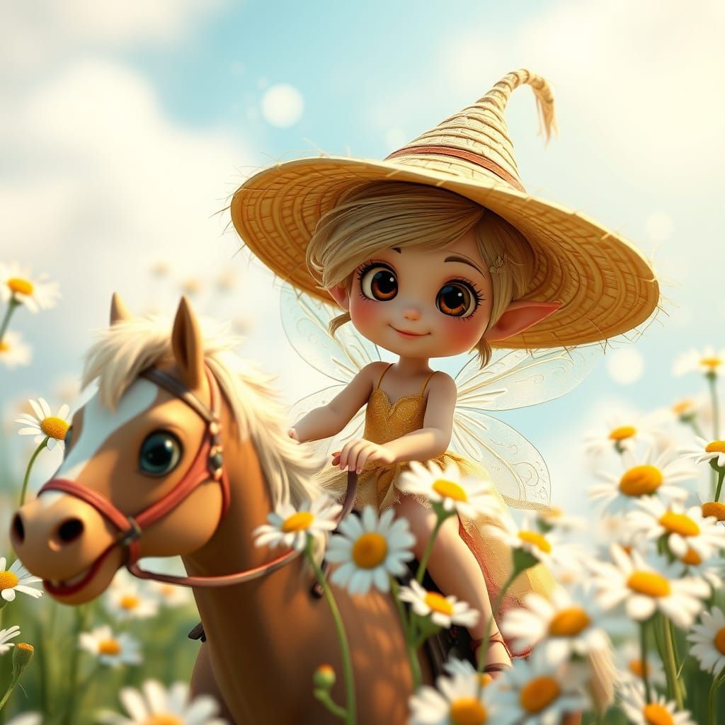 Whimsical Fairy Rides Horse Amidst White Daisies in Vibrant ...