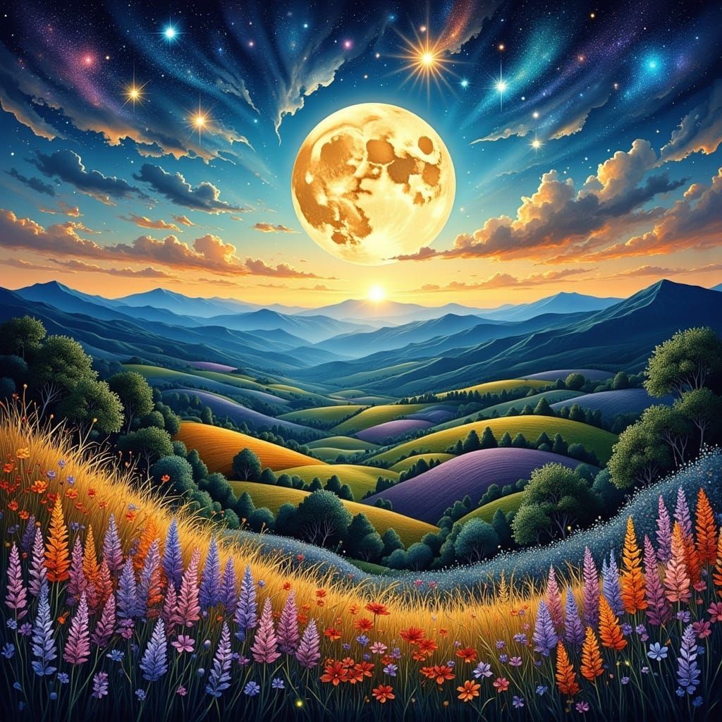 Tuscan Countryside Under Moonlight in Intense Colors