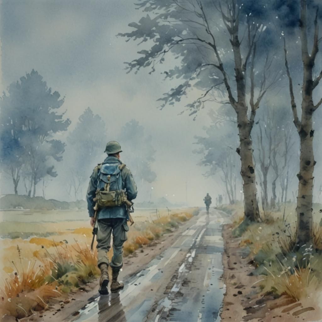 Soldier in Fog: Impressionistic Watercolor Sketch