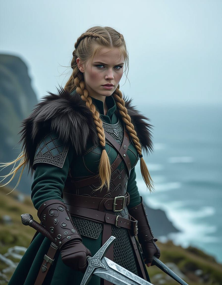 Viking Warrior Girl on Stormy Cliff