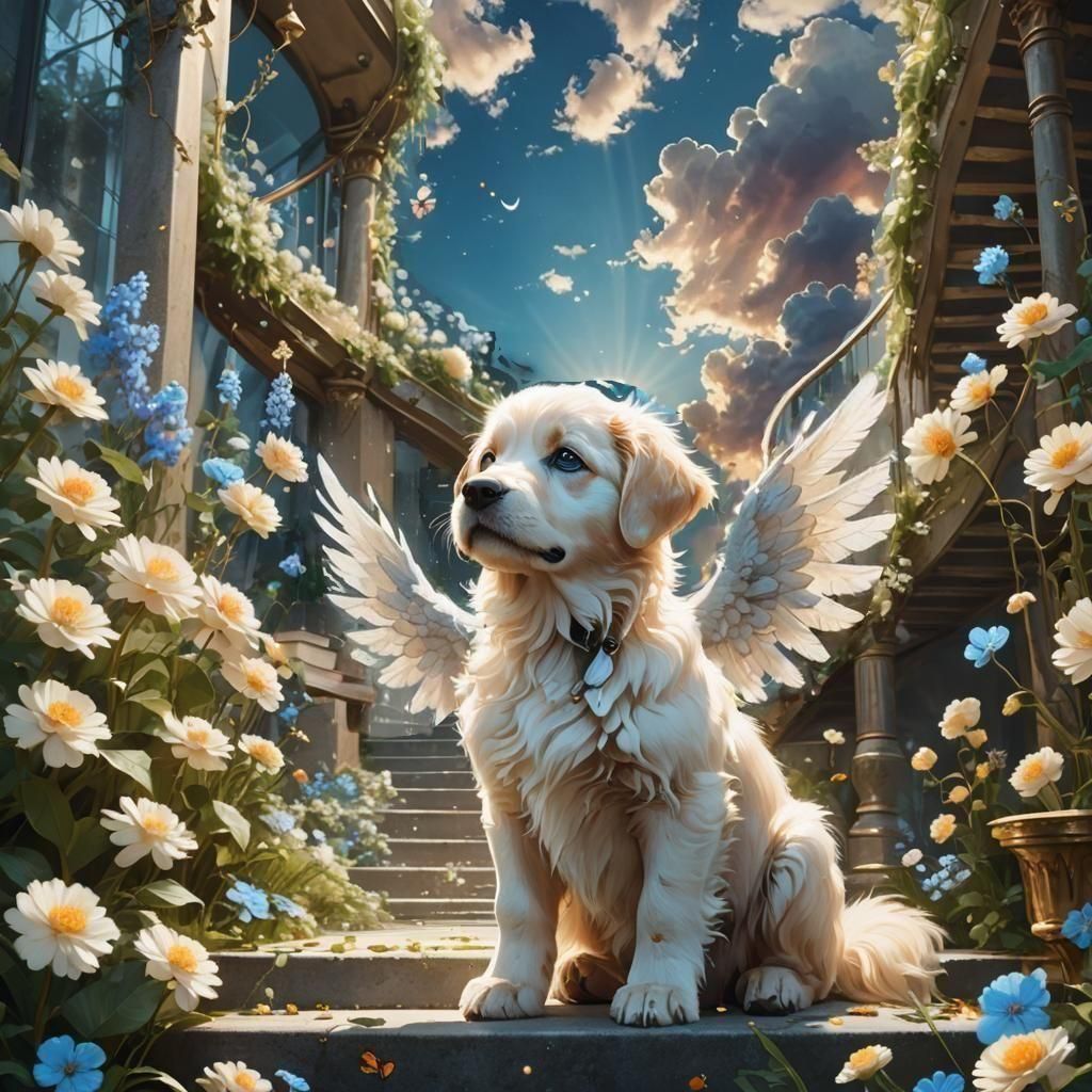 Fantasy Puppy Ascends Luminous Sky Staircase