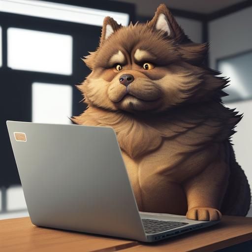 Fluffy Dog Napping on Laptop in Gauche Style