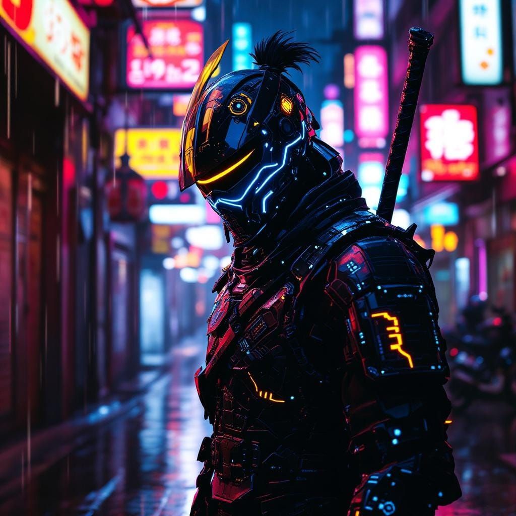 Cyberpunk Samurai in Neon Alley, Dark Futurism