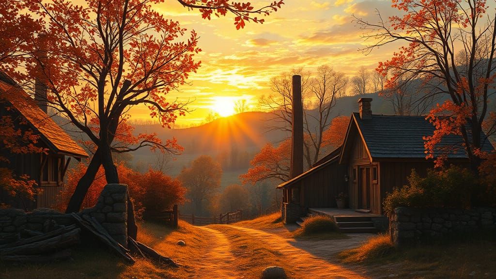 Golden Autumn Sunset in Post-Impressionist Style