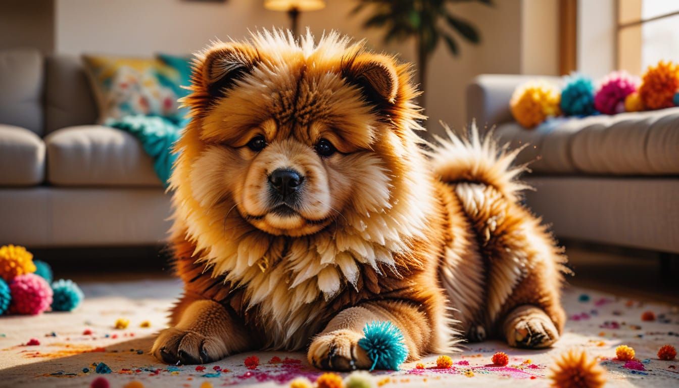 Pompom Chow Puppy Plays in Living Room, Alcohol Ink Style