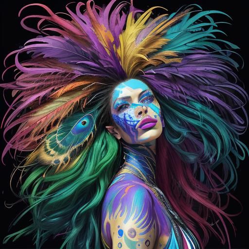 Abstract Expressionist Woman with Rainbow Skin and Feathers