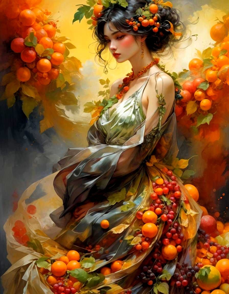 Woman in Orange Dress by Royo, Sumi-e Style