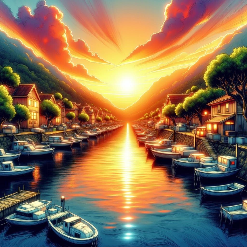 Vibrant Coastal Harbor Scene in Impasto Watercolor Style