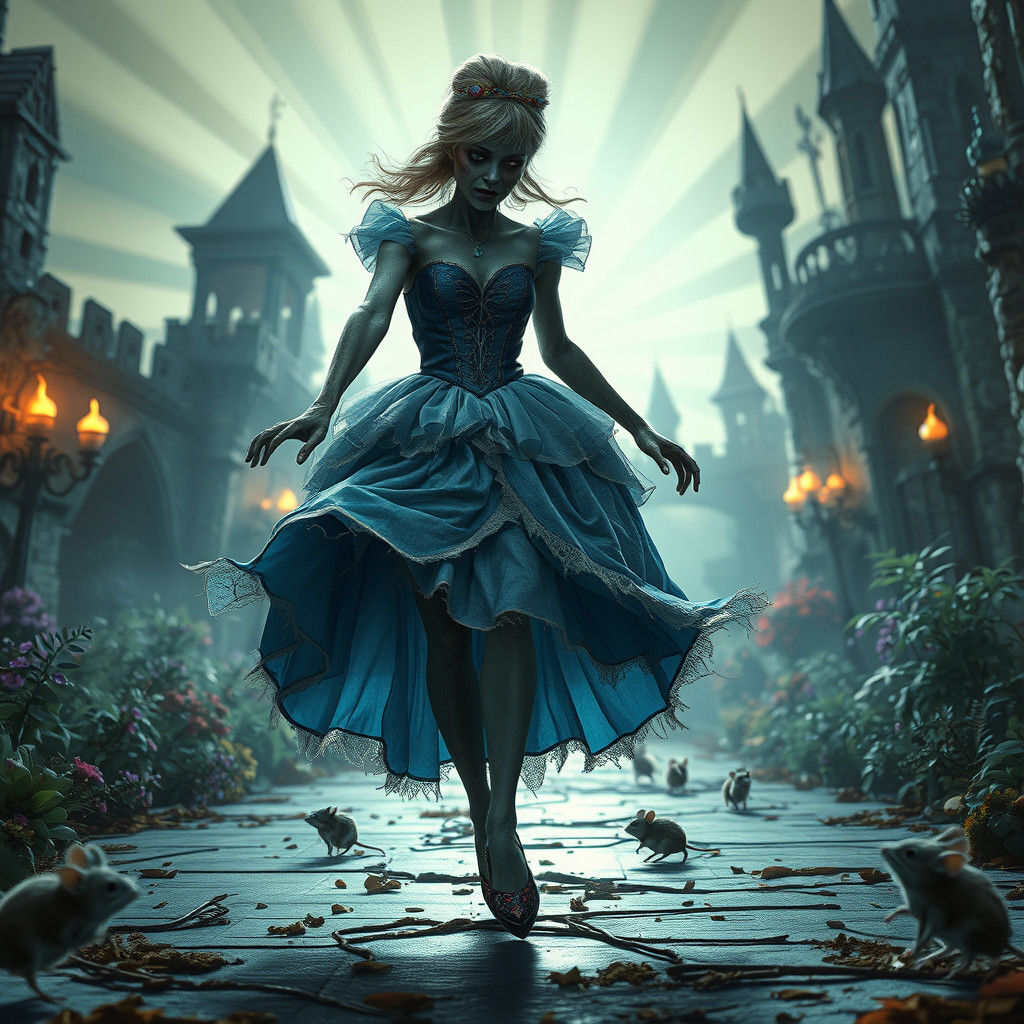 Zombie Cinderella Chasing Mice in Decaying Fairytale Landsca...